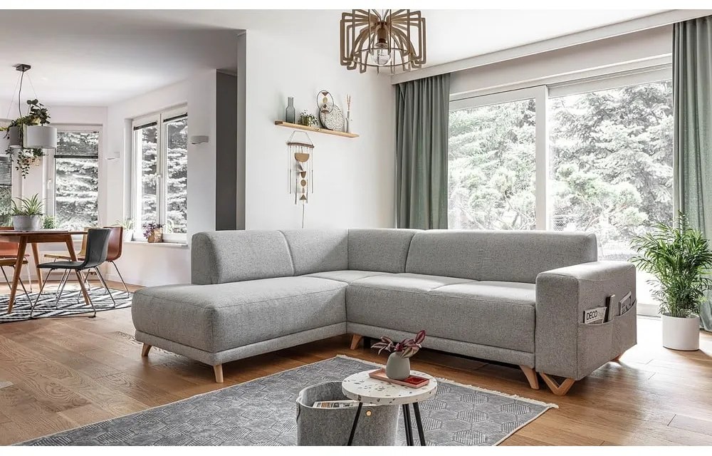 Divano angolare grigio chiaro allungabile e con contenitore (penisola a sinistra/a L) Classy Sophie – Miuform