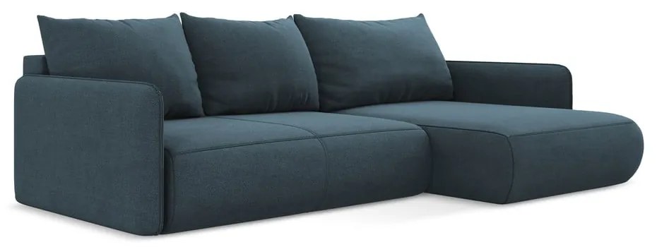 Divano angolare blu allungabile/con contenitore (con penisola a destra) Nanea – Makamii