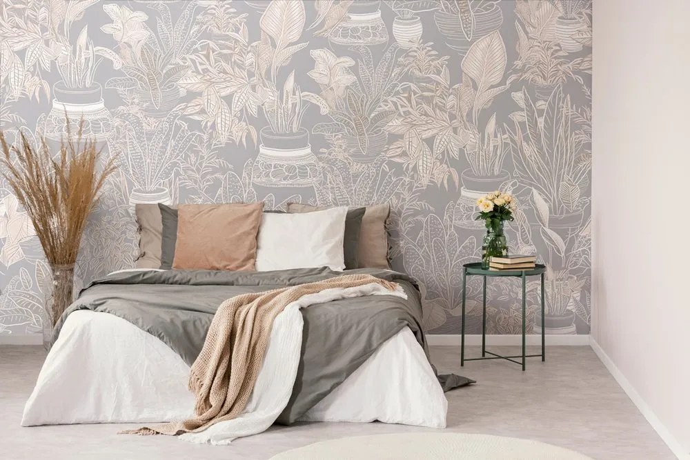 Carta da parati – Motivo botanico in tonalità grigio-beige