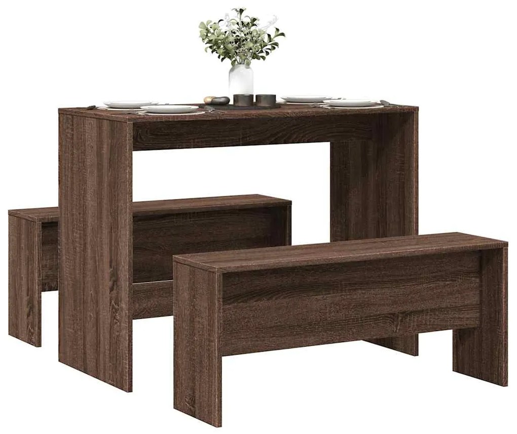 Set Tavolo Da Pranzo E Panche 3 Pz Rovere Marrone İn Truciolato /