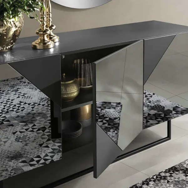 Madia credenza 3 ante in vetro specchio Fum cassa Antracite ARTE 180 con piedini sagomati