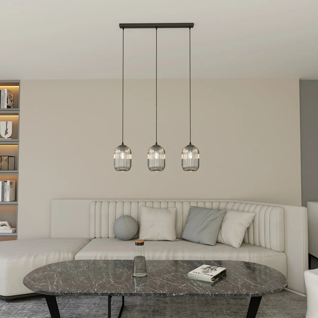 Lampadario 3 Luci Selene In Acciaio Nero E Vetri Plissettati Fumè
