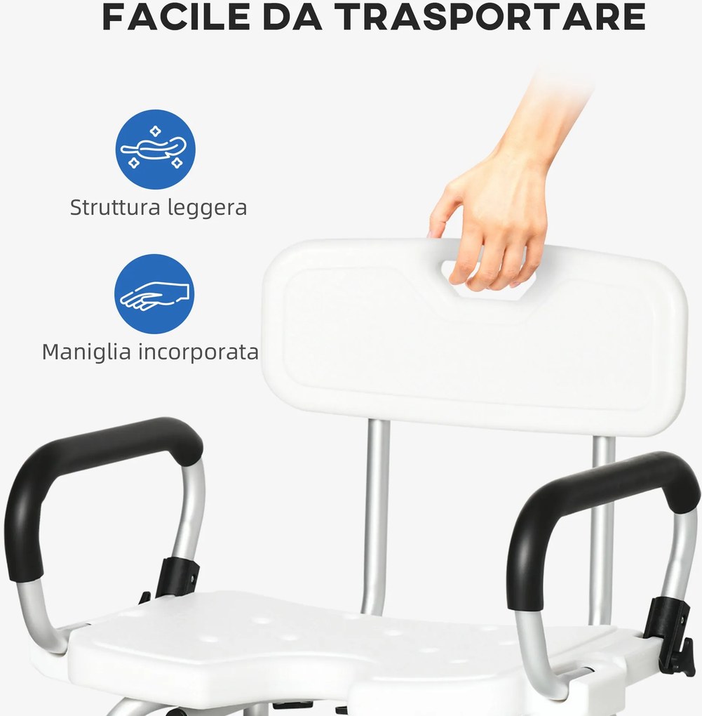 Sedia per Doccia con Braccioli 54x52x70-82 cm in Lega di Alluminio e HDPE Bianco...