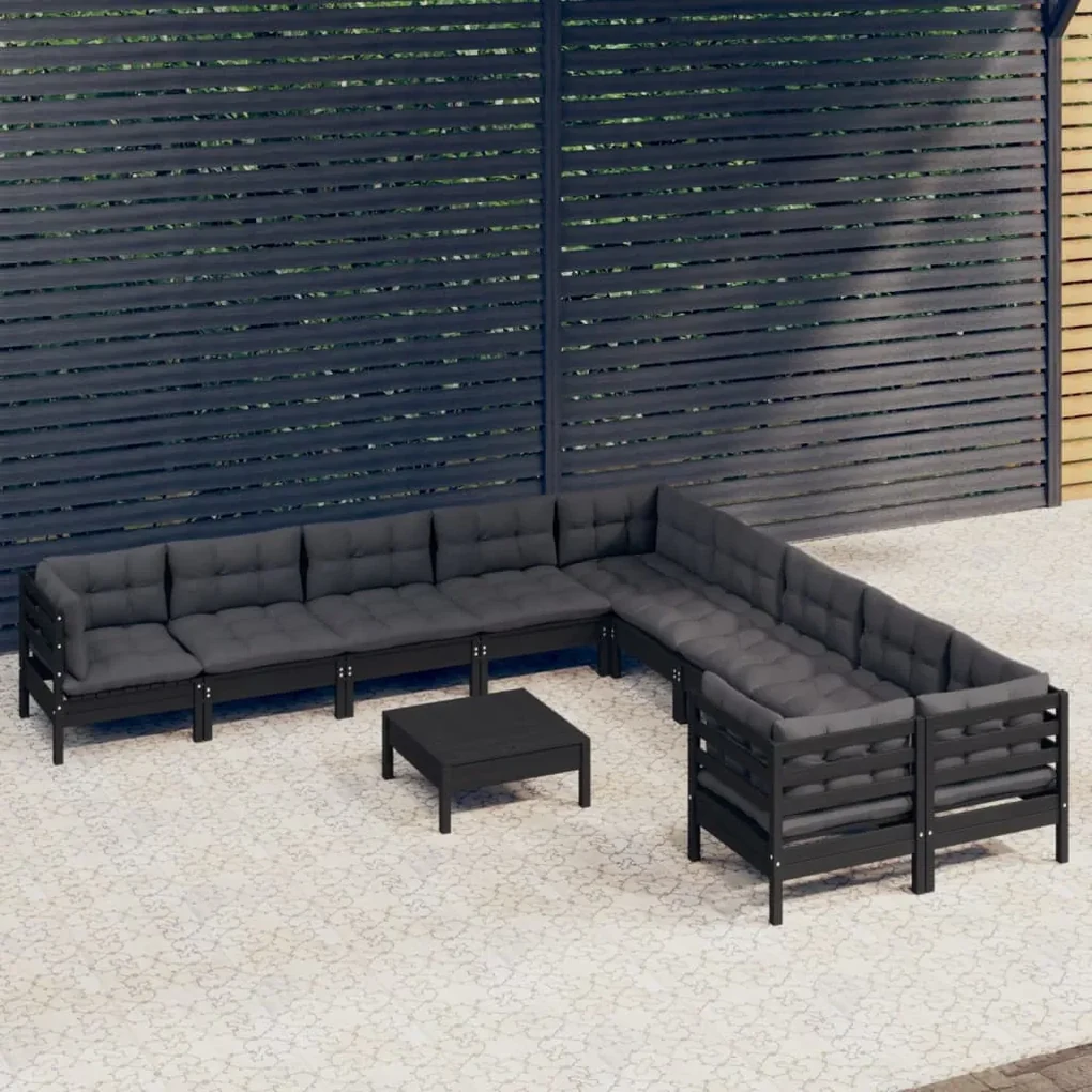 Set divani da giardino 11 pz con cuscini neri massello di pino