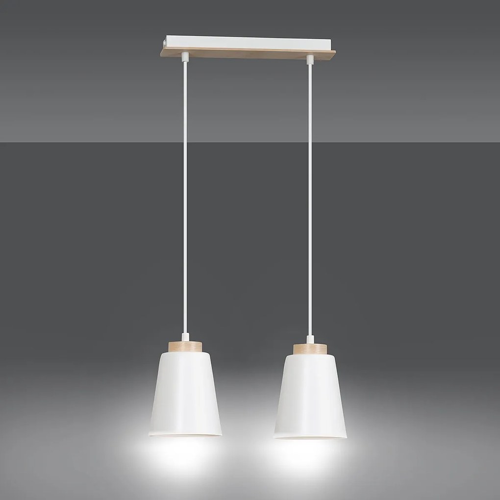 Lampadario 2 Luci Bolero Con Paralumi A Cono In Acciaio Bianco E Legno Naturale