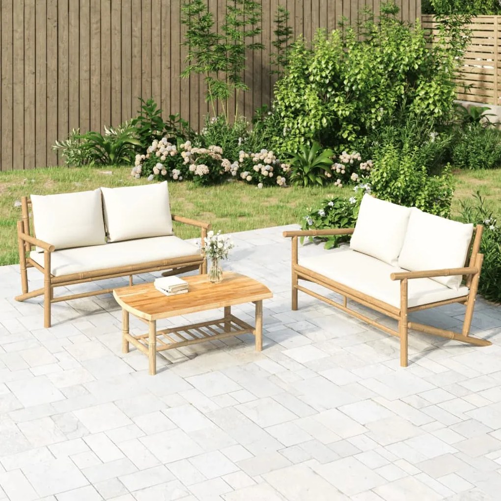 Set salotto da giardino 2pz con cuscini bianco crema in bambù