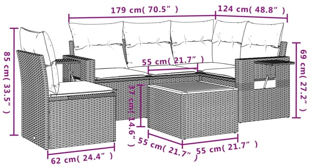 Set divano da giardino 6 pz con cuscini beige misto polyrattan