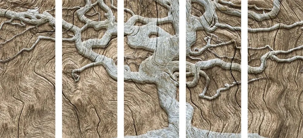 Quadri 5 pezzi – Albero astratto su legno in tonalità beige
