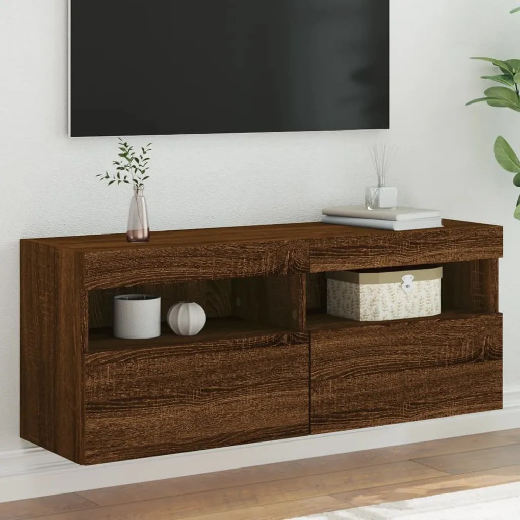 Mobile tv a parete con luci led rovere marrone 100x30x40 cm