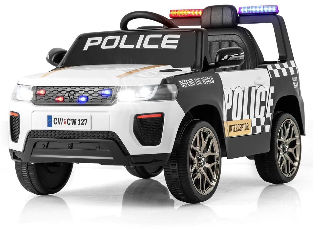 Costway Auto della polizia per bambini con telecomando connessione wireless musica clacson sirena e luci LED, Auto elettrica Bianco