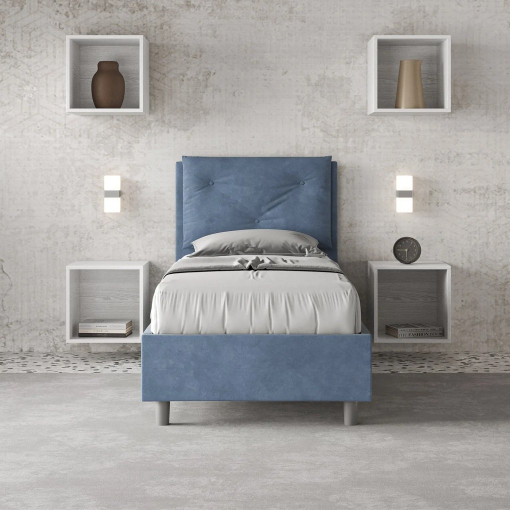 Letto singolo imbottito 80x190 microfibra Appia senza rete, con rete e contenitore, Blu / Contenitore