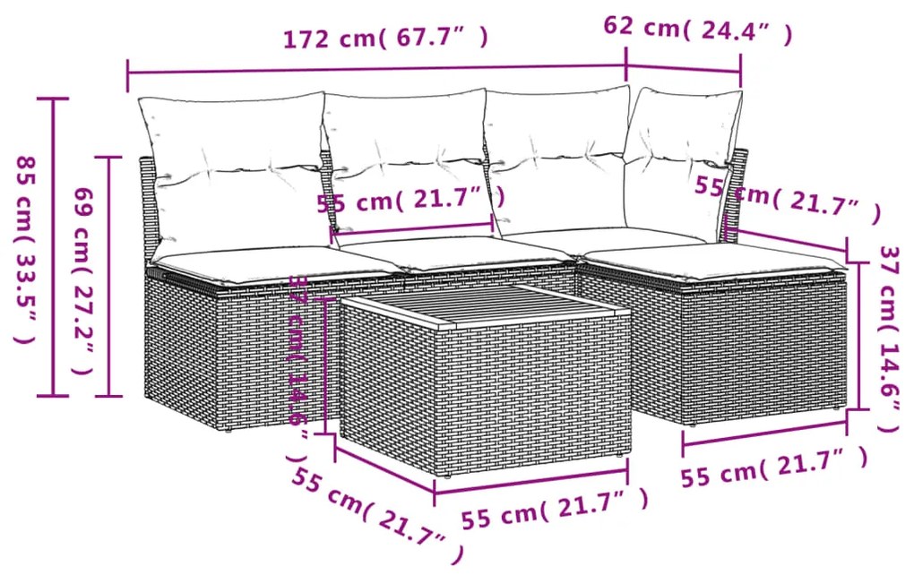 Set divani da giardino 5 pz con cuscini in polyrattan nero