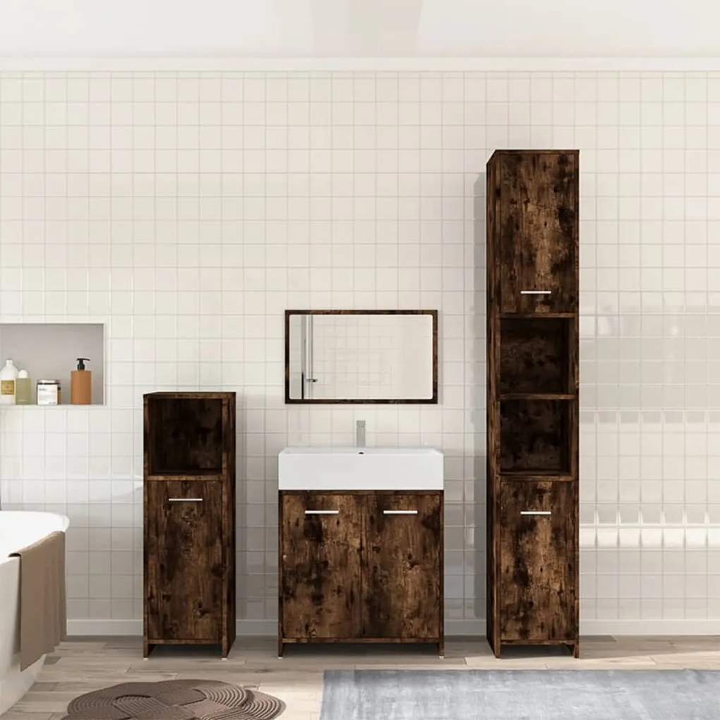 Set Mobili Da Bagno 4 Pz Rovere Fumo İn Legno Multistrato /