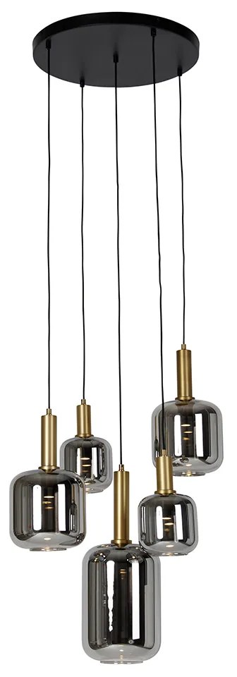 Lampada a sospensione nera con oro e vetro fumé incl. 5 PUCC - Zuzanna