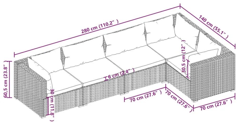 Set Divani da Giardino 5 pz con Cuscini in Polyrattan Grigio