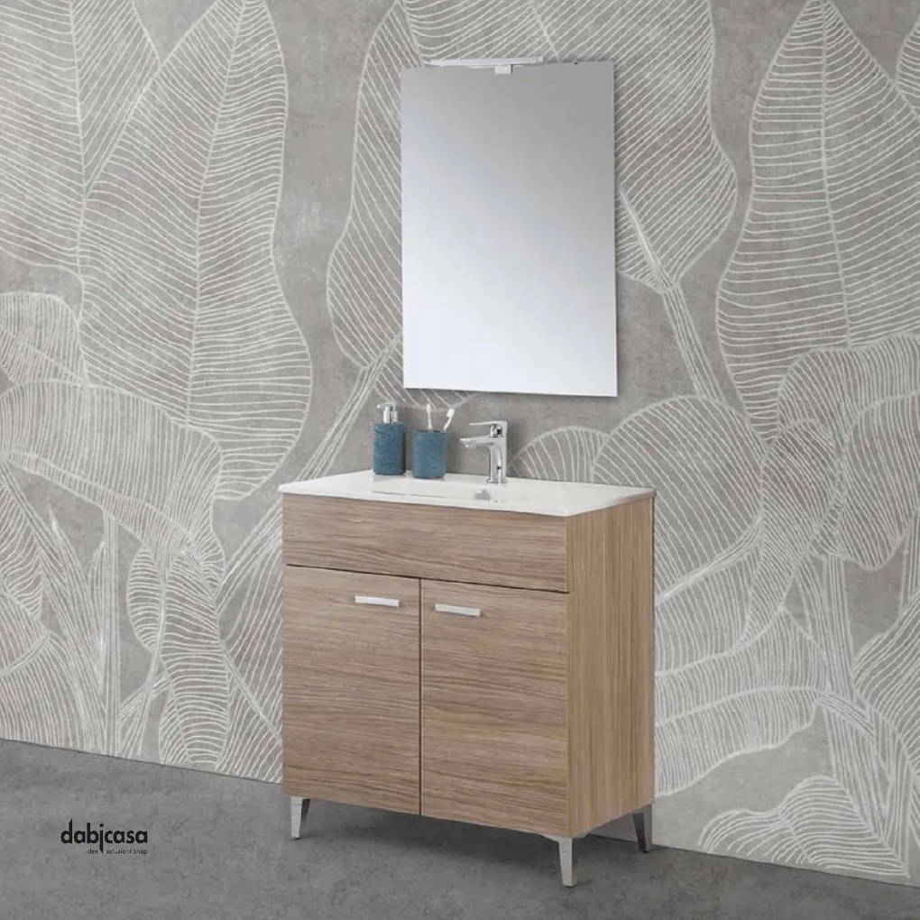 Mobile Bagno A Terra "Greta" Da 80 Cm Composto Da Due Ante Lavabo E Specchio Con Lampada Led Finitura Rovere Tropea