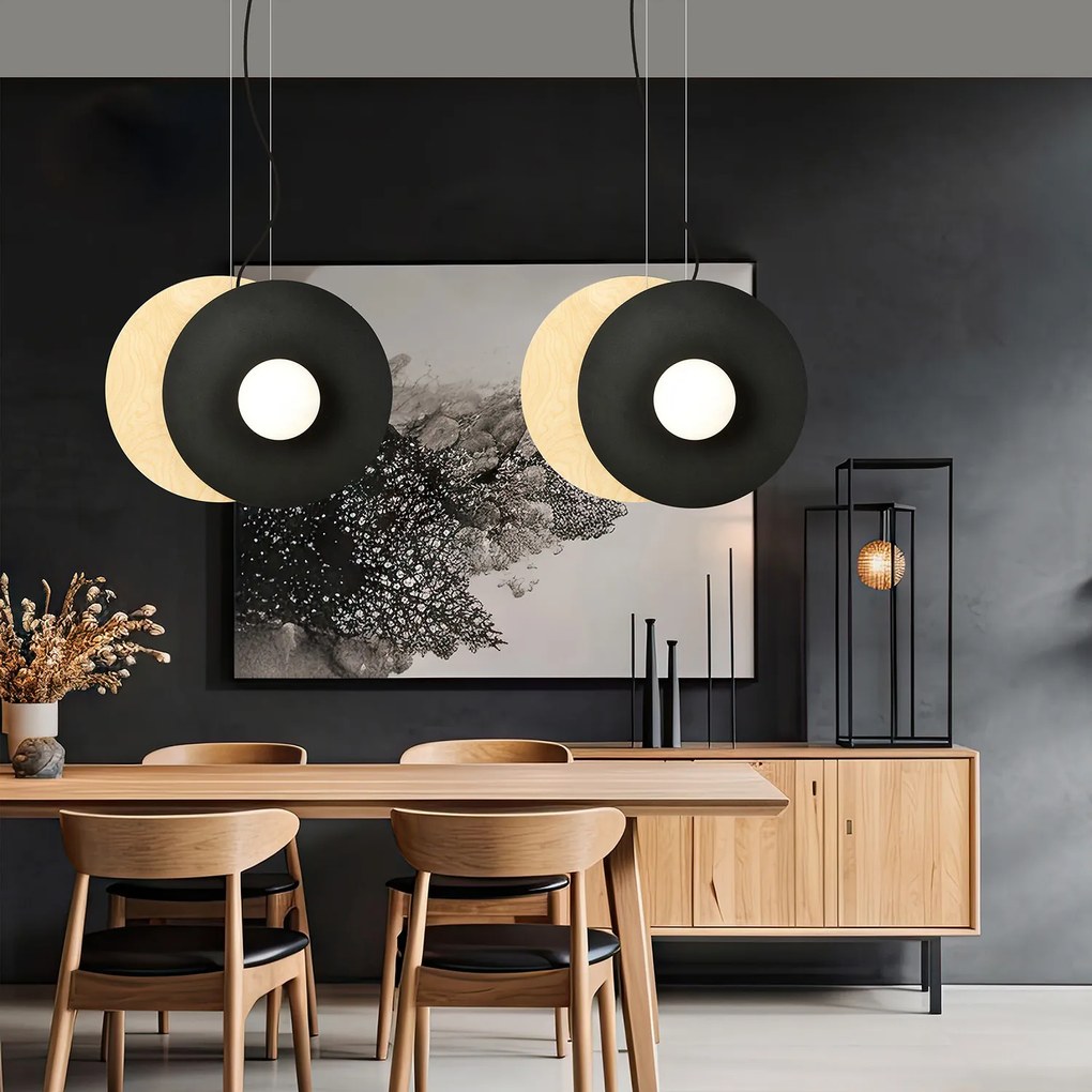 Sospensione Minimal Nordica Brigid 4 Luci In Acciaio Nero E Legno Vetro Bianco
