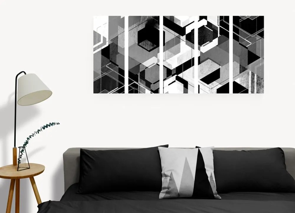 Quadri 5 pezzi – Geometria astratta in bianco e nero