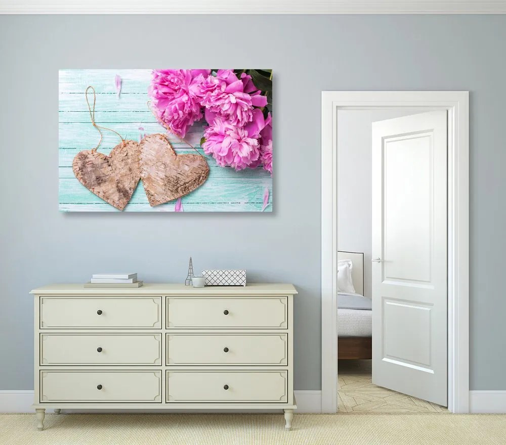 Quadro su tela – Peonie e cuoricini di betulla
