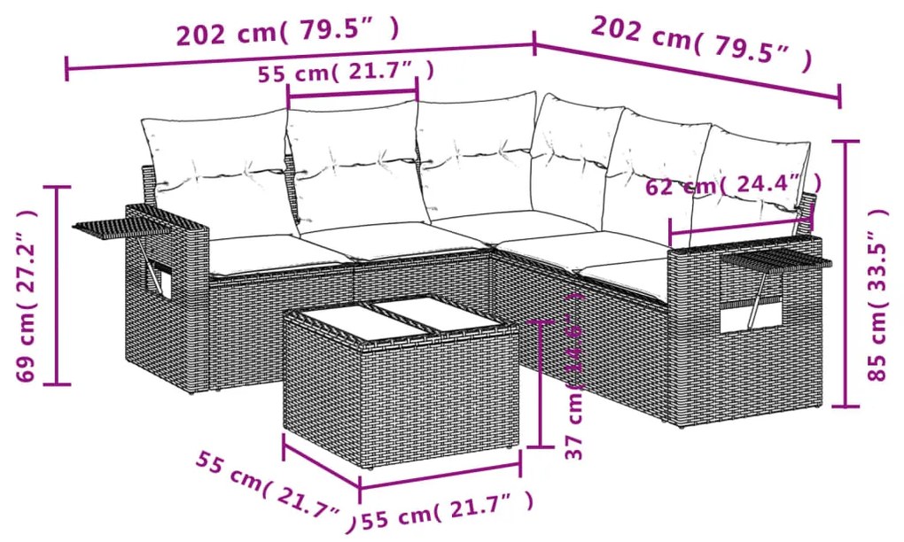 Set divano da giardino 6 pz con cuscini grigio in polyrattan