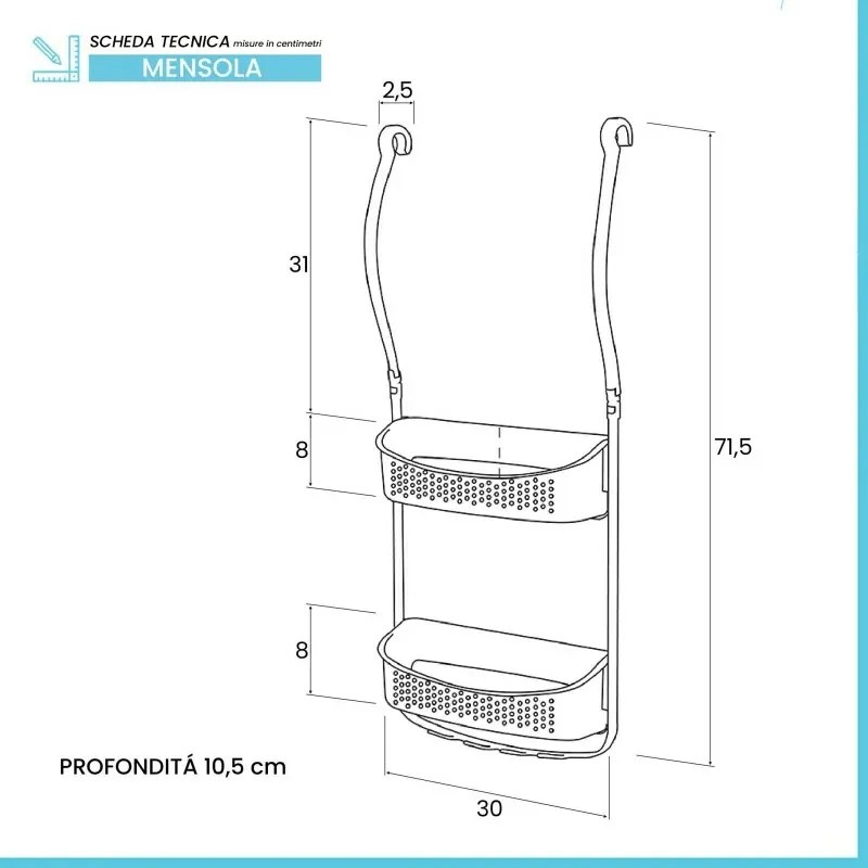 Mensola doccia bianco in PVC con 2 ripiani e ganci inferiori