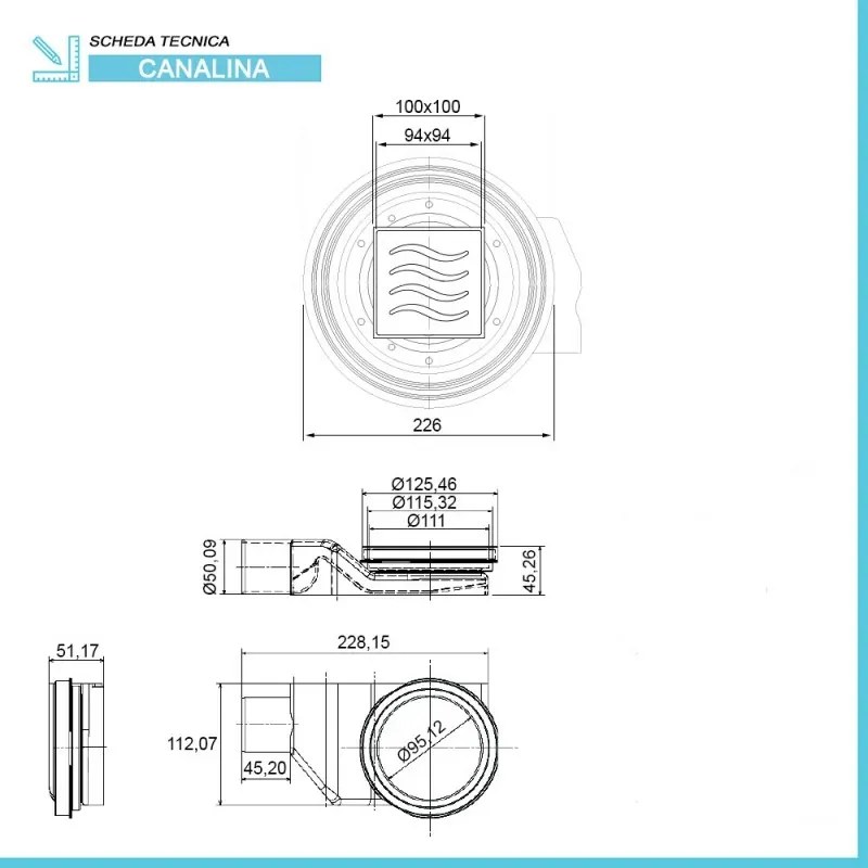 Scarico doccia a pavimento con griglia e sifone 10x10 cm acciaio inox cromato
