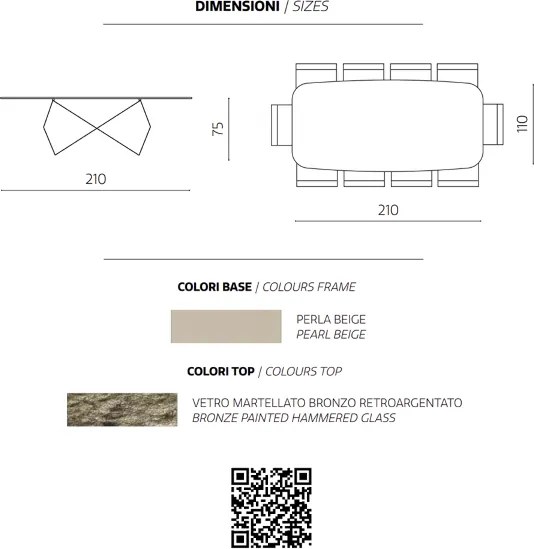 Tavolo fisso 210 cm KARL con base metallo Beige e piano vetro martellato Bronzo