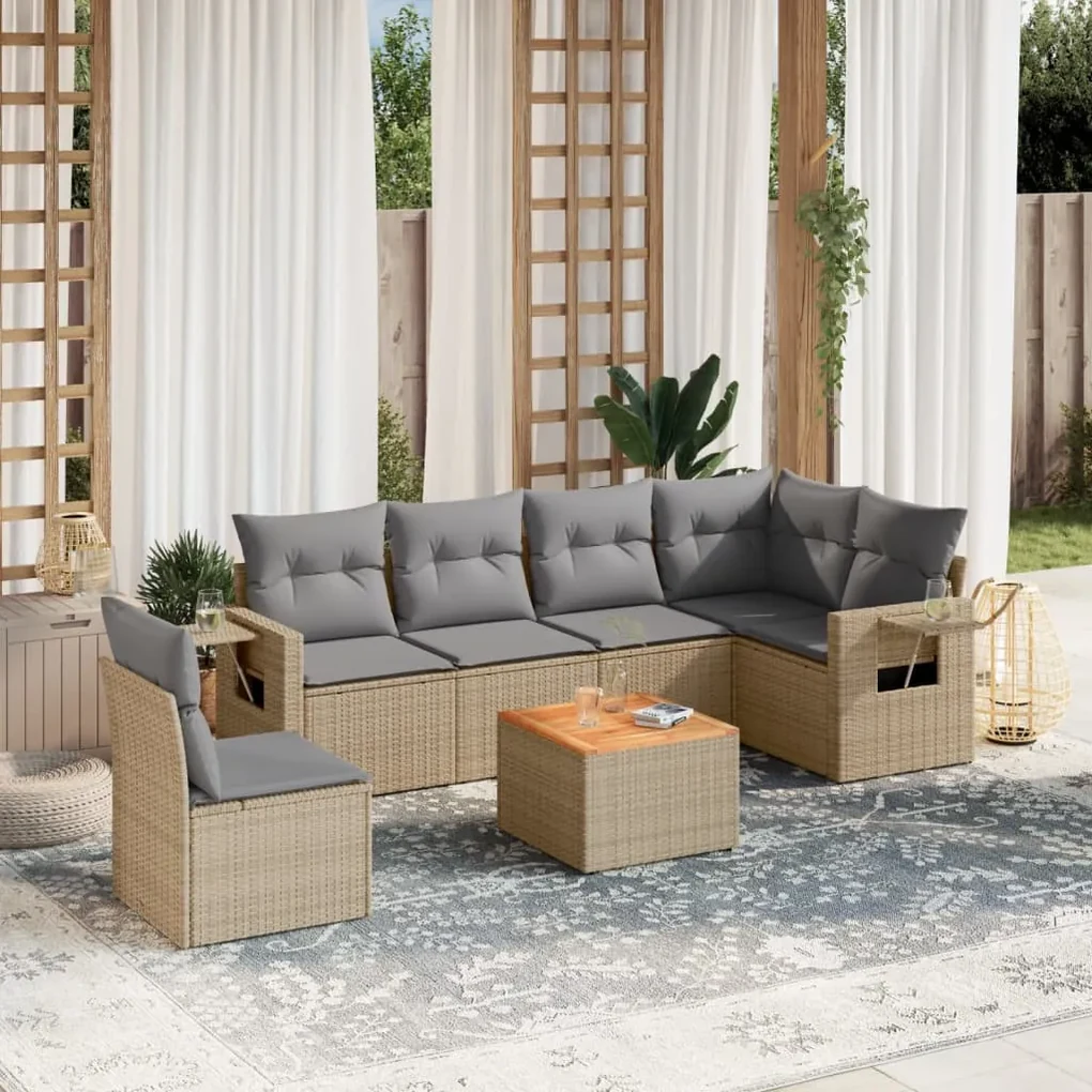 Set divani da giardino 7 pz con cuscini beige in polyrattan