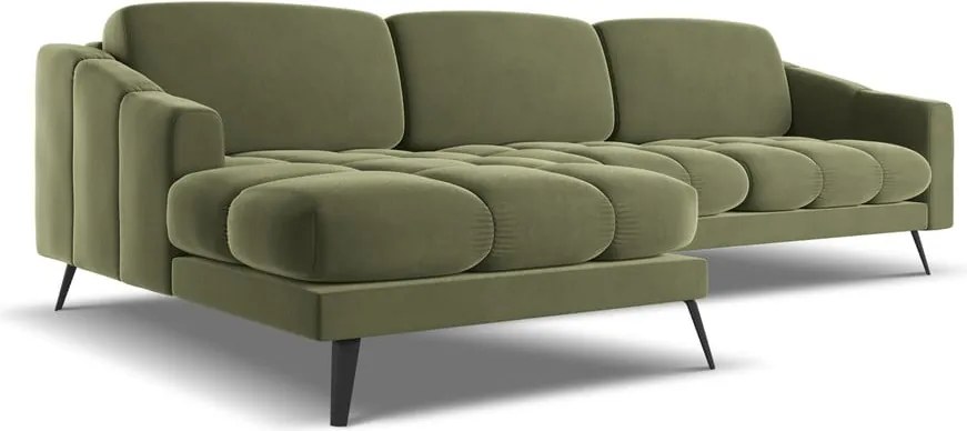 Divano angolare verde (con penisola a sinistra) con rivestimento in velluto Nalu – Makamii