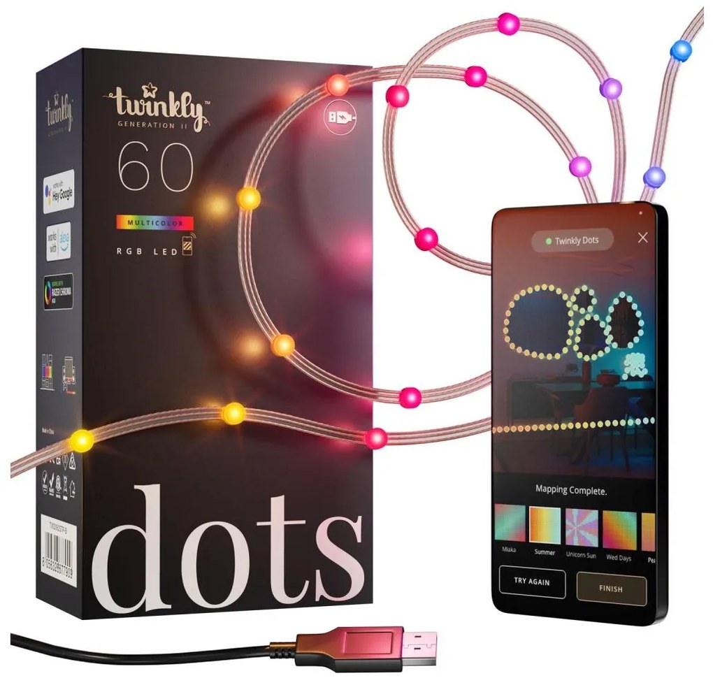Twinkly TWD060STP-T - Catena DOTS a LED RGB dimmerabile 60xLED, 7 m, USB, Wi-Fi