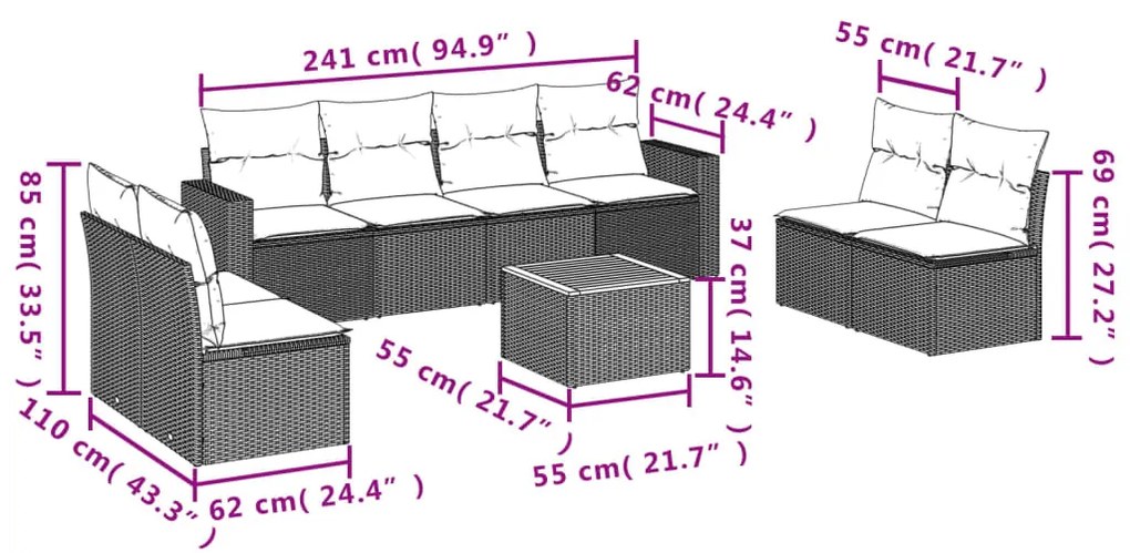 Set Divani da Giardino 9 pz con Cuscini Nero in Polyrattan