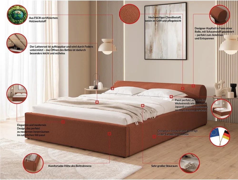 Letto matrimoniale imbottito color terracotta con contenitore con rete inclusa 160x200 cm Cille – Ropez