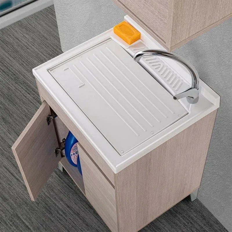Mobile lavatoio 60x50 rovere chiaro con vasca asse e kit scarico Way