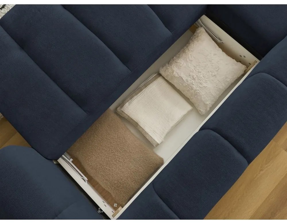 Divano angolare blu scuro allungabile e con contenitore (penisola a sinistra/chaise lounge) con rivestimento in ciniglia Fuji – Bobochic Paris