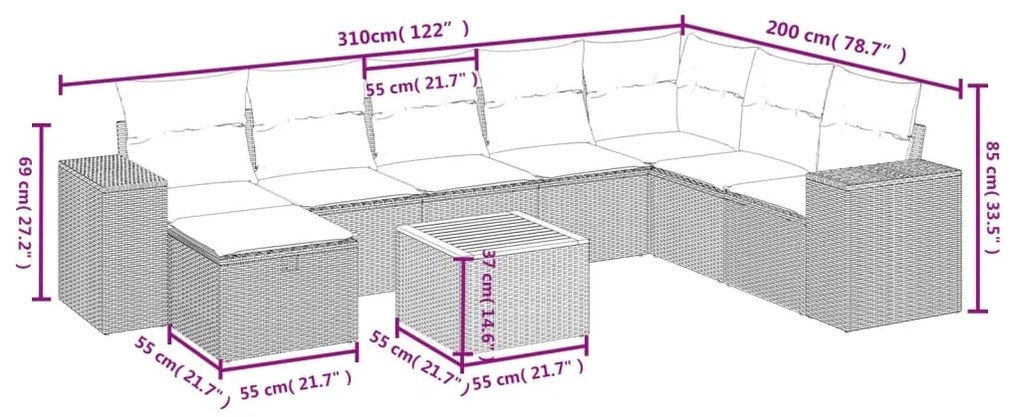 Set Divano da Giardino 9 pz con Cuscini Grigio in Polyrattan