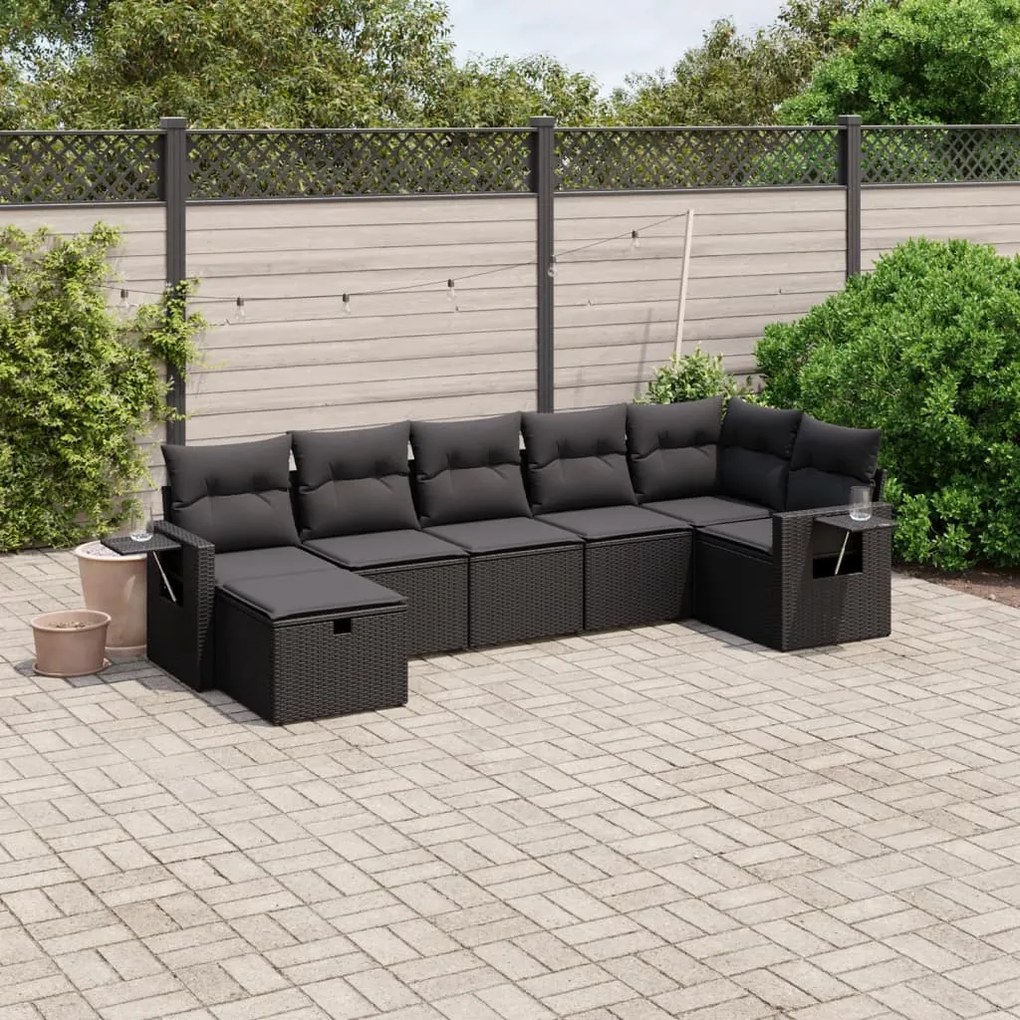 Set divani da giardino con cuscini 7pz nero polyrattan