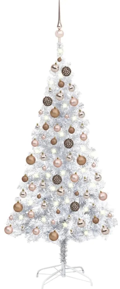 Albero di Natale Preilluminato con Palline Argento in PET, Albero di Natale Preilluminato con Palline Argento 150 cm PET