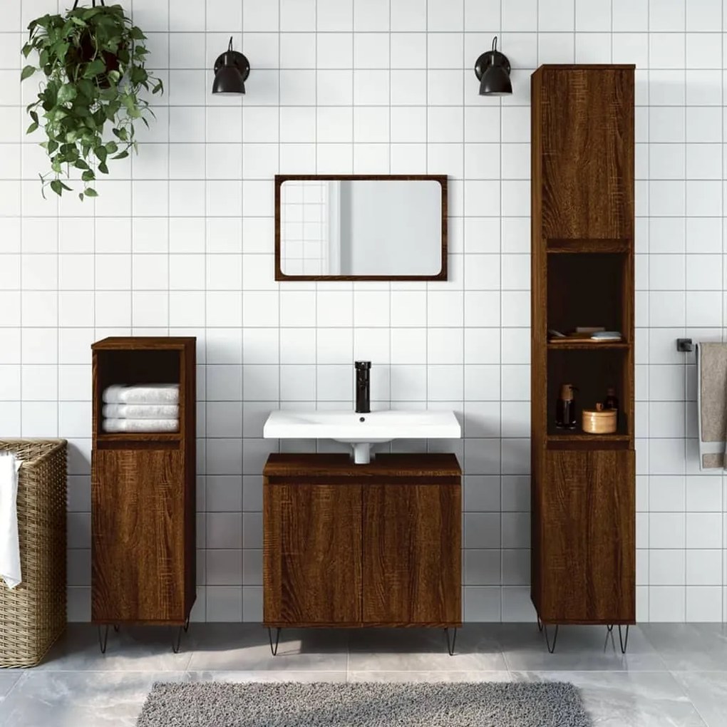 Set Mobili Da Bagno 3 Pz Rovere Marrone İn Legno Multistrato /