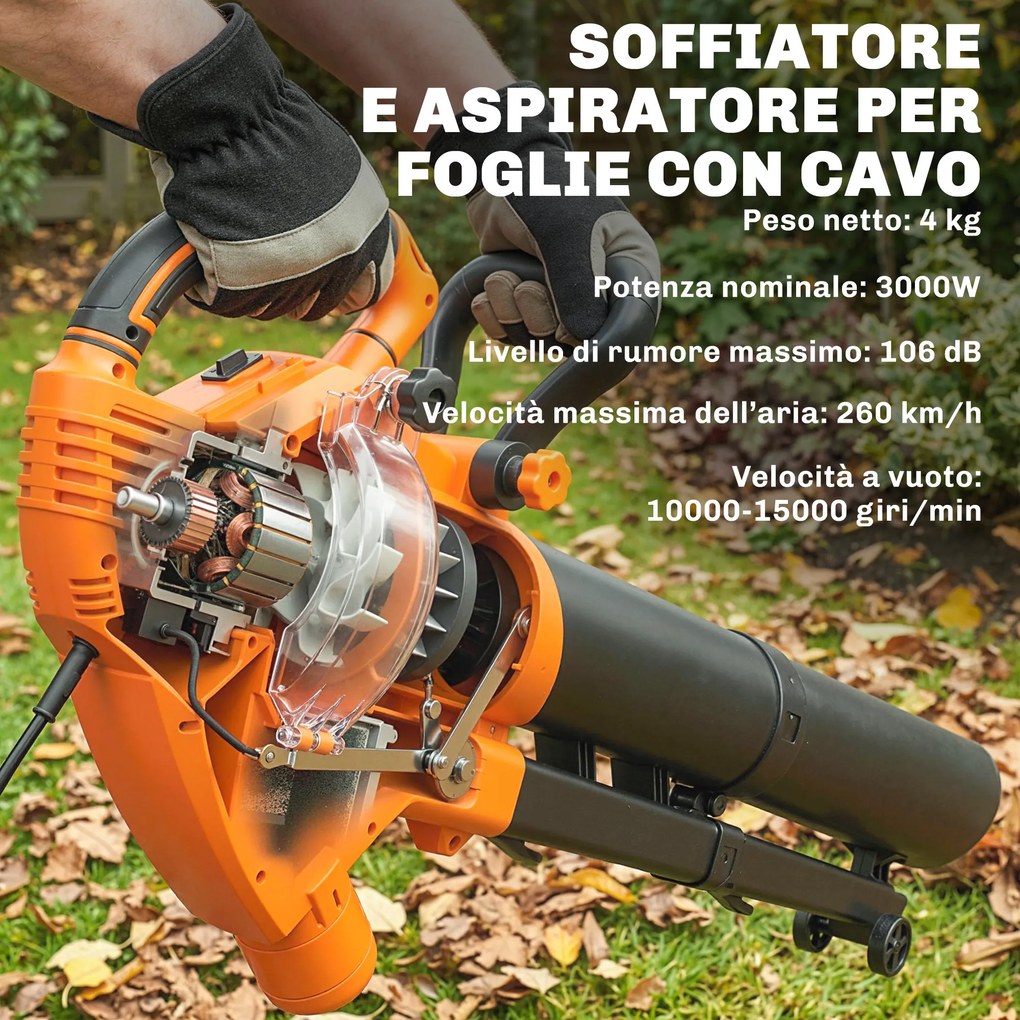 Soffiatore 3-in-1 con Funzione Aspiratore Trituratore per Foglie 3000W in PP e Tessuto Nero e Arancione...