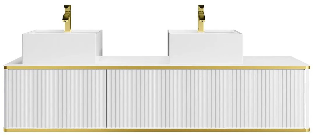 Mobile bagno sospeso con scanalature con profilo dorato 2 cassetti con doppio lavabo d'appoggio quadrato - Bianco - 150 cm - KELIZA