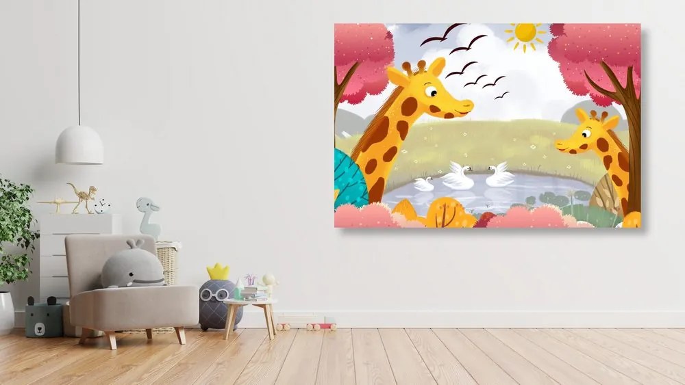 Quadro su tela – Giraffe al laghetto