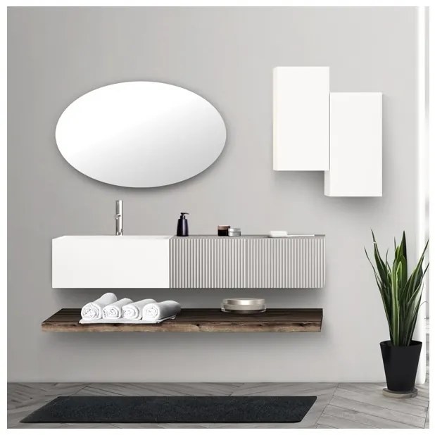 Lavabo 60 cm con due cassetti laterali 40 cm grigi specchio e mensole inferiori Rovere Scuro - Itaca