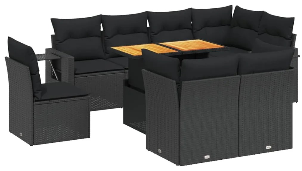 Set Divani da Giardino 9 pz con Cuscini Nero in Polyrattan