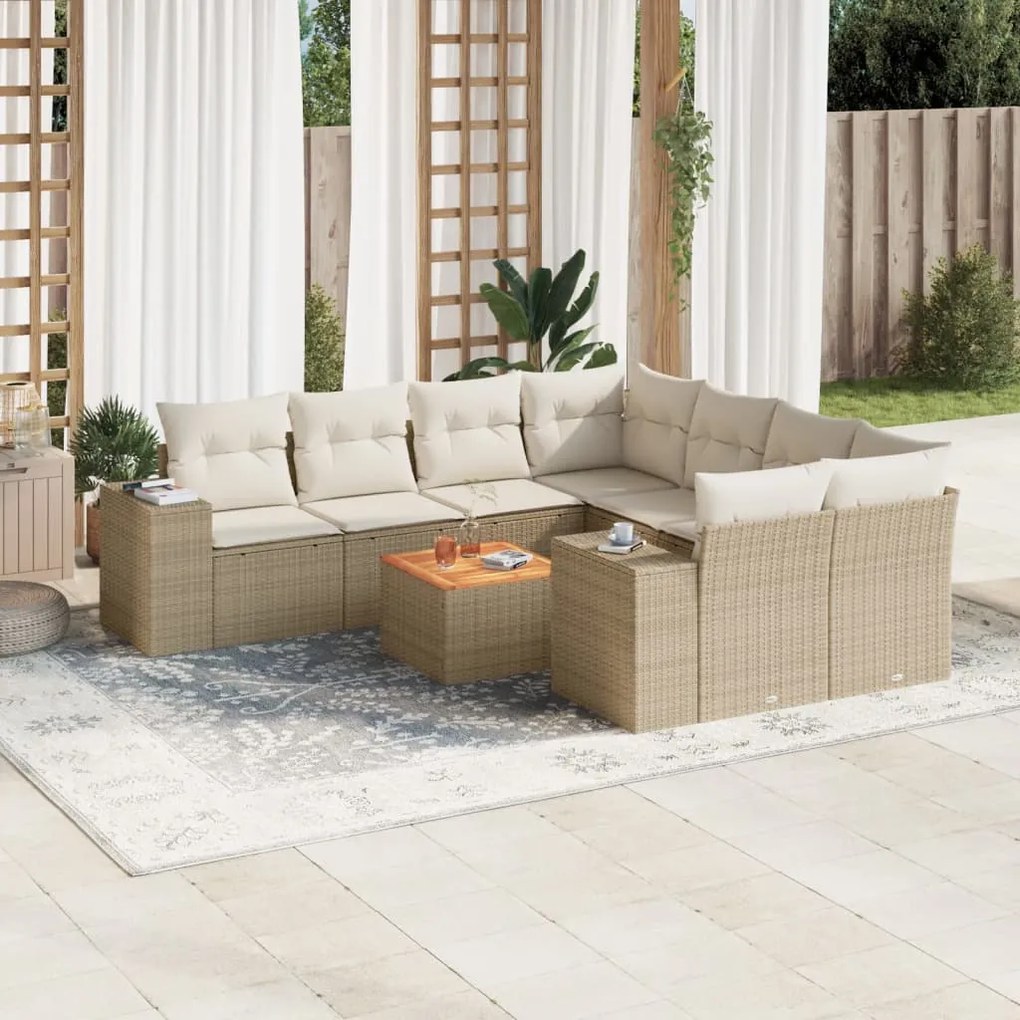 Set divano da giardino 9 pz con cuscini beige in polyrattan