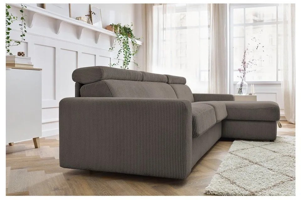 Divano angolare grigio/marrone allungabile (con composizione variabile) con rivestimento in velluto a coste Monaco – Bobochic Paris