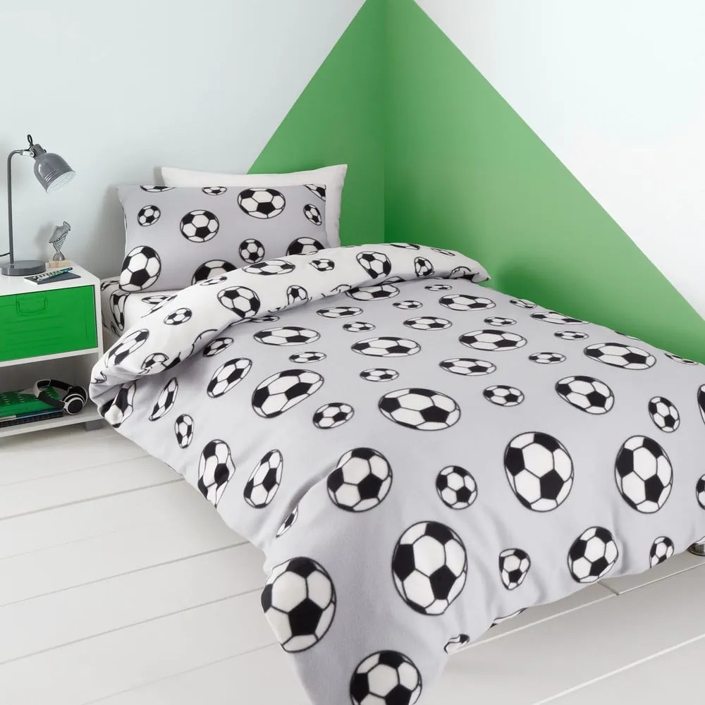 Set copripiumino e federa da bambini grigio chiaro in vello per letto matrimoniale 200x200 cm Football – Catherine Lansfield