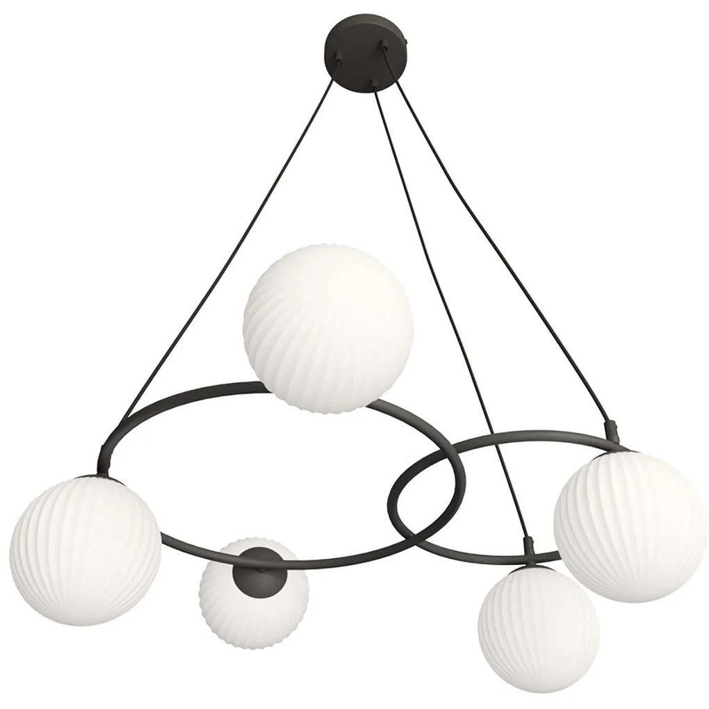 Lampadario 5 Luci Eolo A Cerchi E Diffusori In Vetro Rigato Opale