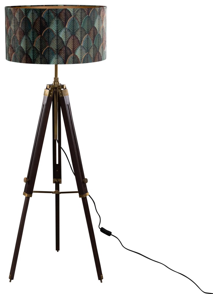 Lampada da terra a treppiede in ottone con paralume in velluto, motivo a foglie e interno oro - Cortin