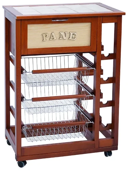Carrello da cucina portapane e portabottiglie in legno con ruote CILIEGIO
