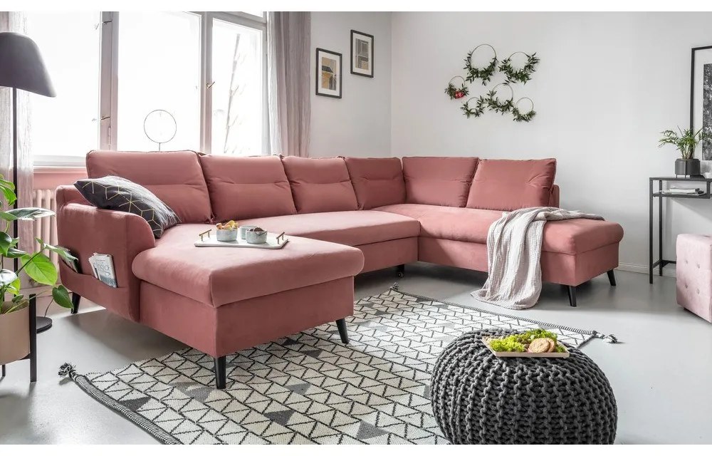 Divano letto a U in velluto rosa, angolo destro Stylish Stan - Miuform